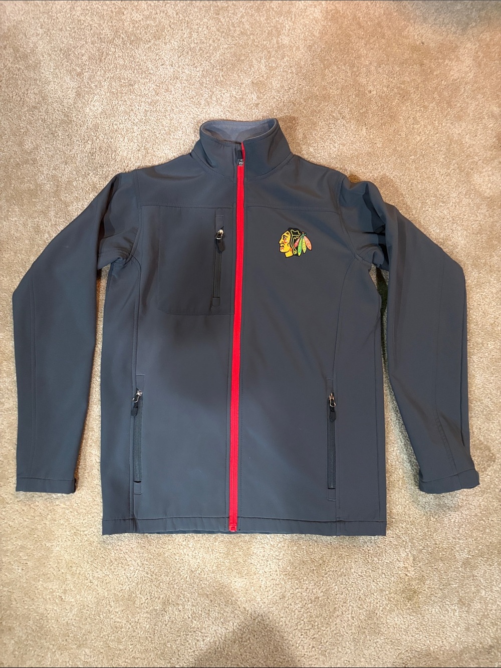 Chicago Blackhawks Jacket Mens Small Gray Red NHL Hockey Full Zip Softshell